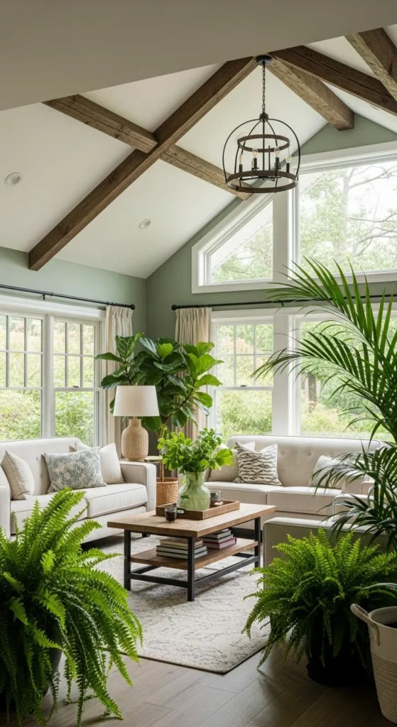 9 Half Vaulted Ceiling Living Room Designs Nature-inspired living room with wood beams and a half-vaulted ceiling