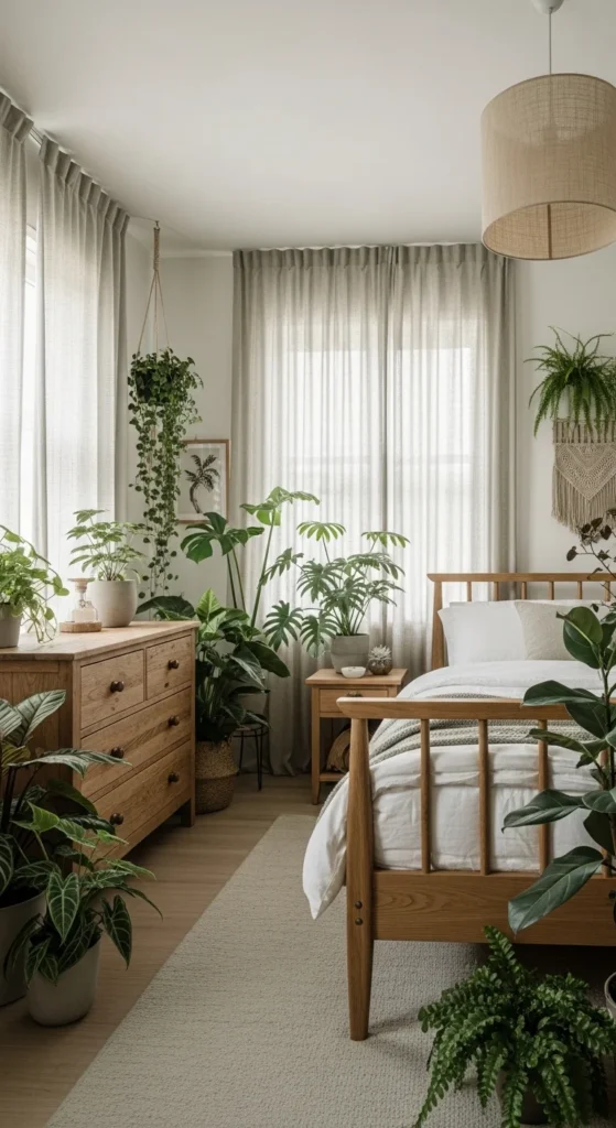 7 Bedroom Makeovers For The Room Of Your Dreams Nature-themed bedroom with wood, plants, and earthy tones