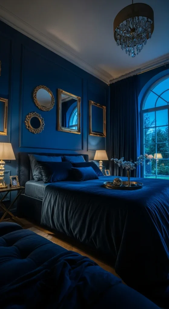 8 Best bedroom color combination ideas for a Dreamy Retreat Navy bedroom wall with gold decor accents, dramatic and elegant