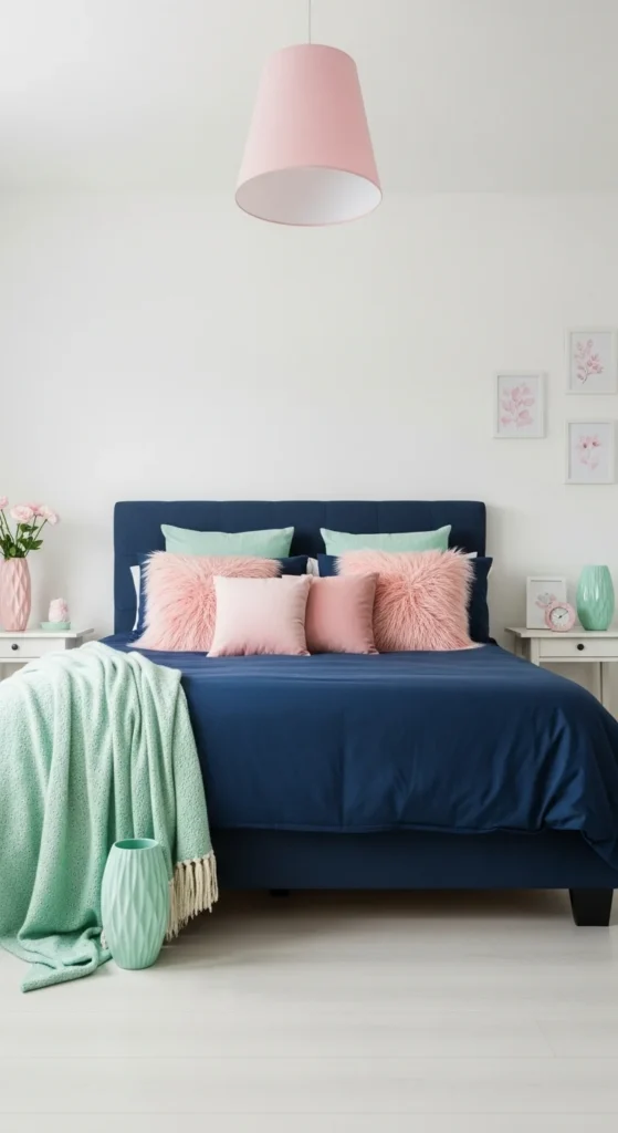 7 Navy Blue Bedroom Ideas for a Bold Yet Relaxing Space Navy bedroom with soft pink and mint green color accents