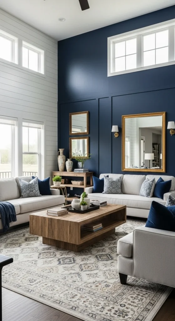 7 Vibrant Living Room Colors for Farmhouse Charm Navy blue accent wall in a farmhouse living room with rustic wood