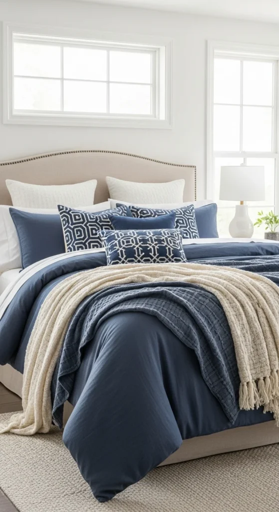 7 Navy Blue Bedroom Ideas for a Bold Yet Relaxing Space Navy blue bedding layered with textures and soft throws
