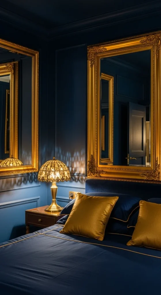 8 Stylish Blue Bedroom Ideas for a Serene Atmosphere Navy blue bedroom with gold decor for a luxe feel