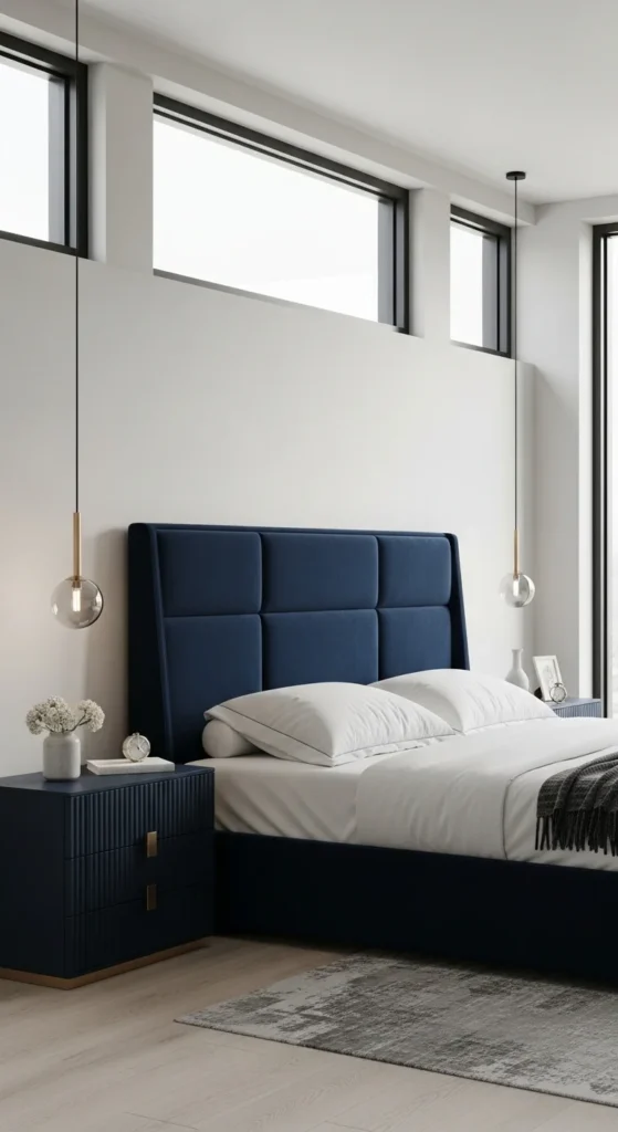 7 Navy Blue Bedroom Ideas for a Bold Yet Relaxing Space Navy blue headboard and nightstands in a chic bedroom