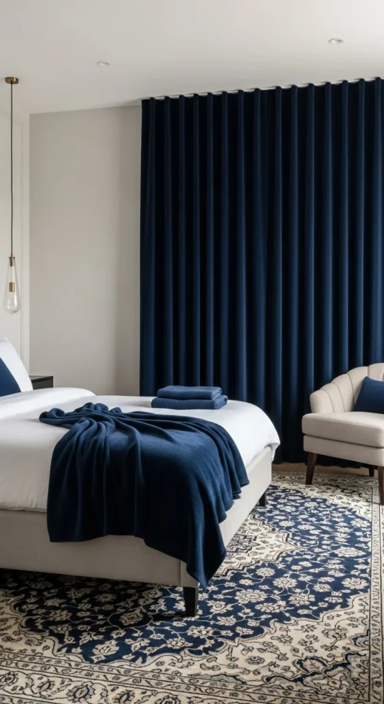 7 Navy Blue Bedroom Ideas for a Bold Yet Relaxing Space Navy blue rug and curtains adding texture to bedroom