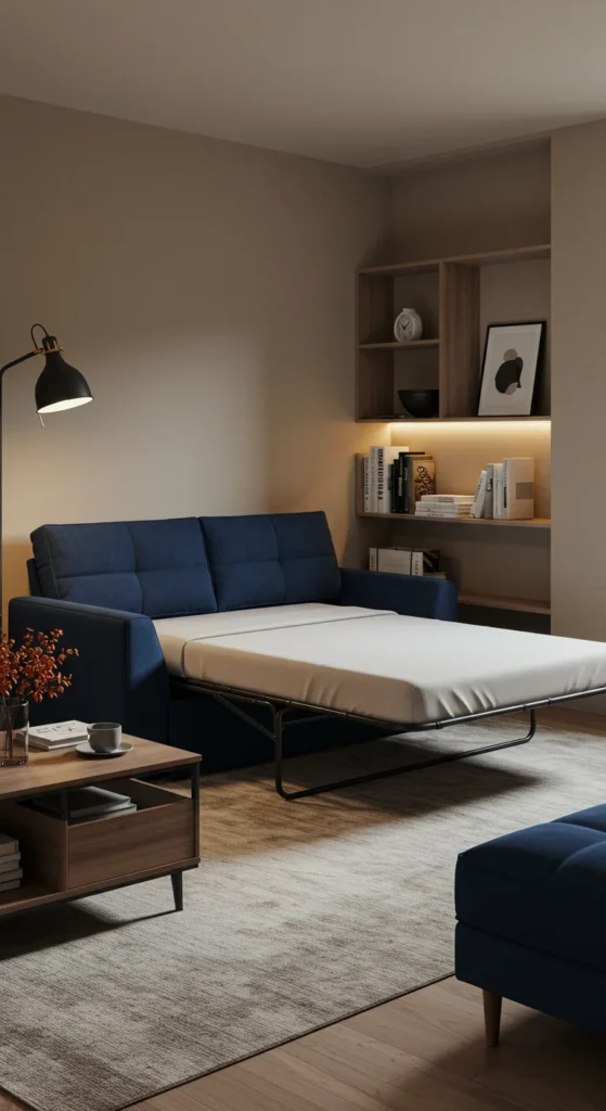 7 Living Room Sofa Ideas That Transform Your Space Navy blue sofa bed setup in a stylish small living room