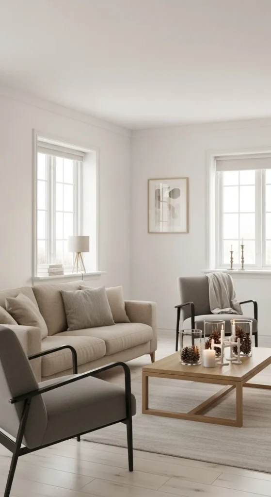 6 Chic Scandinavian Living Rooms for Holiday Comfort Neutral Scandinavian living room with subtle winter decor