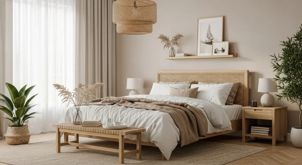 Home - Home decor Neutral bedroom with beige linens, wood furniture, and soft light
