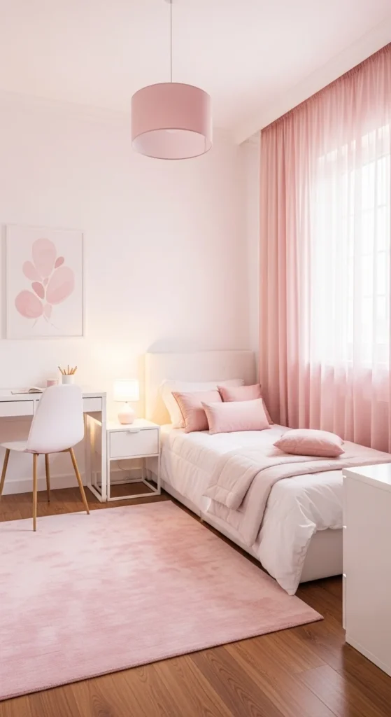 7 Girls Bedroom Ideas in Pink That Keep It Subtle Neutral bedroom with pink cushions and area rug