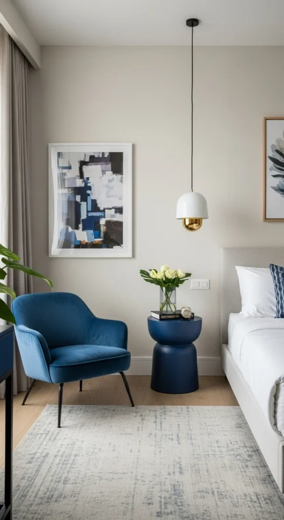 8 Stylish Blue Bedroom Ideas for a Serene Atmosphere Neutral bedroom with stylish blue accent furniture