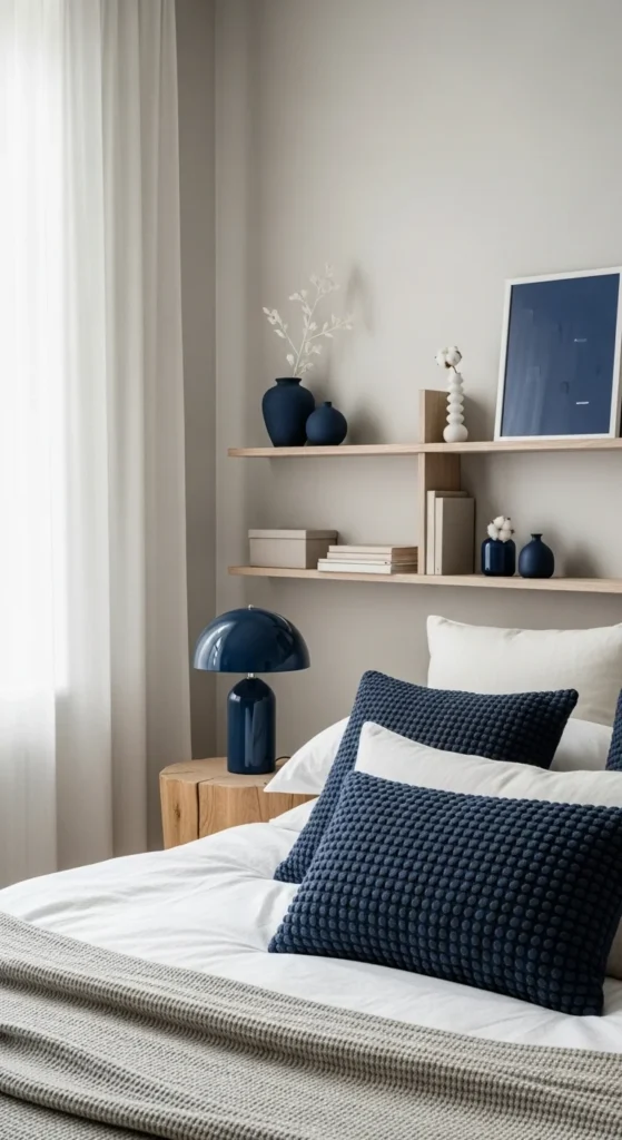 7 Navy Blue Bedroom Ideas for a Bold Yet Relaxing Space Neutral bedroom with subtle navy blue accent decor
