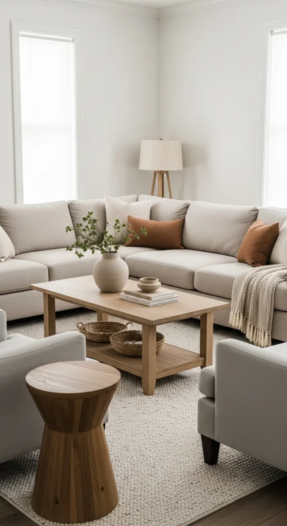 6 Calm & Chic Neutral Living Room Design Ideas Neutral living room with beige sofa and gray chairs
