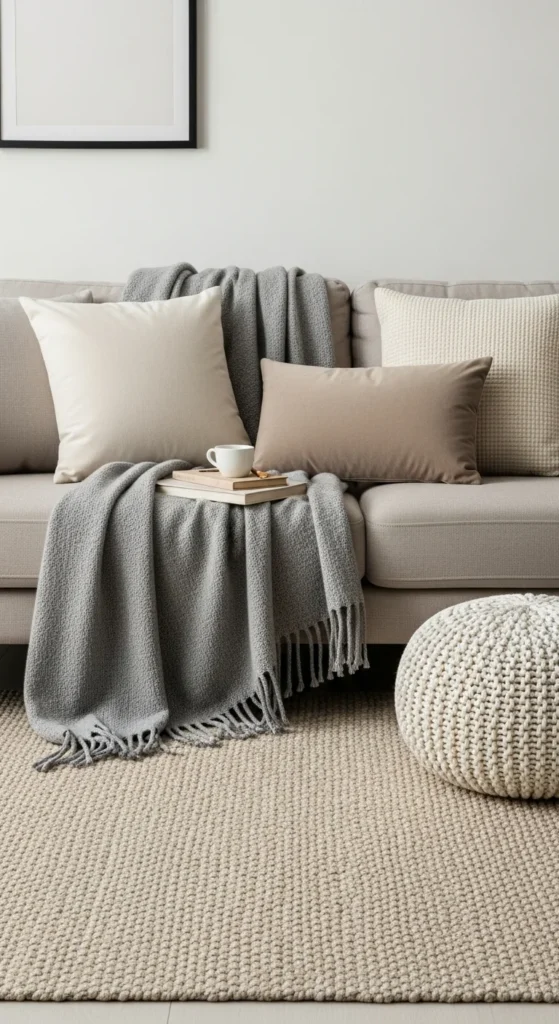 6 Calm & Chic Neutral Living Room Design Ideas Neutral living room with cozy throws and textured pillows