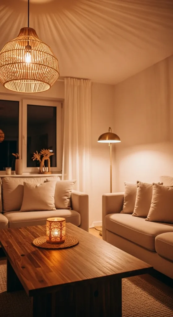 6 Calm & Chic Neutral Living Room Design Ideas Neutral living room with layered lighting and soft glow