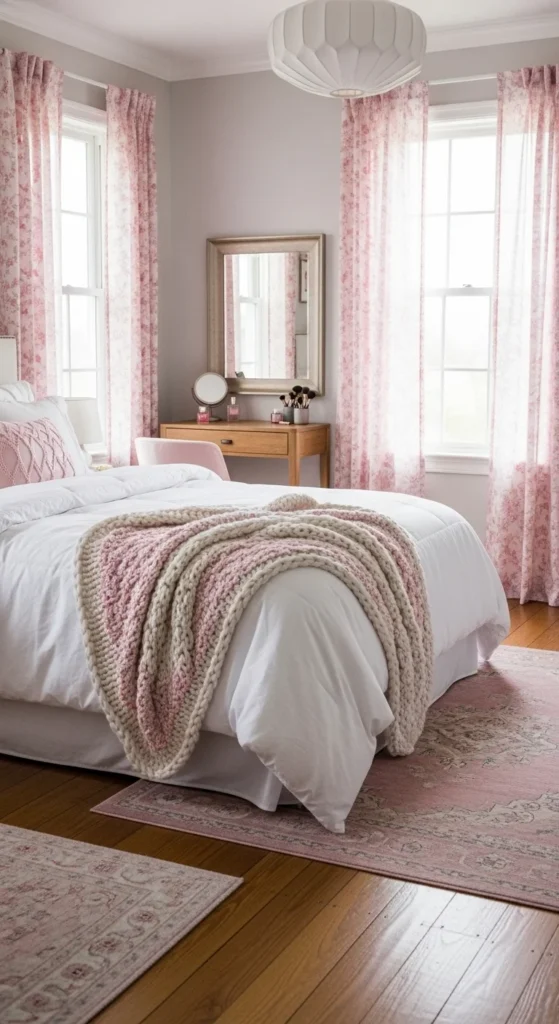 7 Girl Bedroom designs In Pink That Keep It Subtle Neutral room with layered pink textiles like throws and curtains