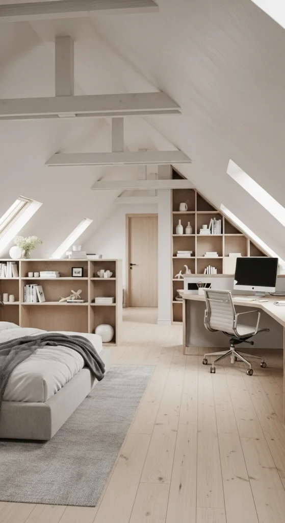 6 Attic Bedroom Design Ideas for Your Custom Home Open-concept attic bedroom with sleeping and work zones
