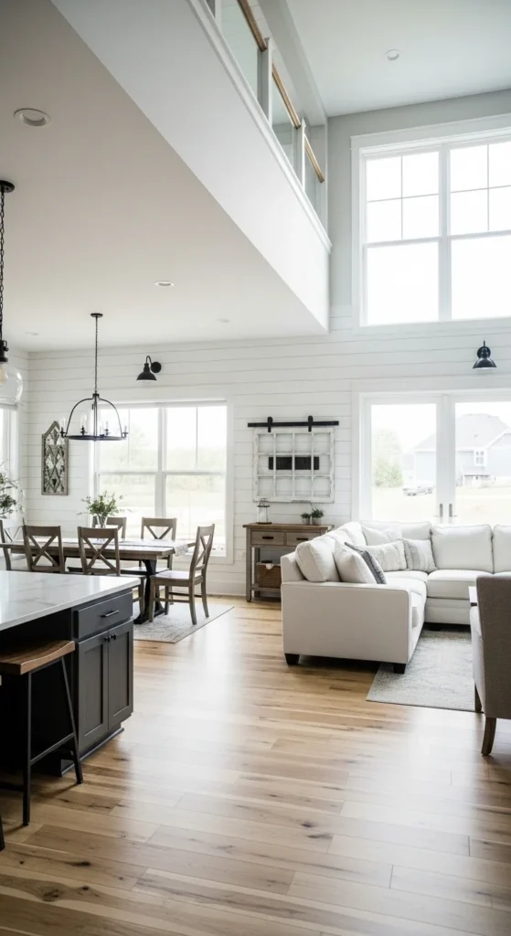 7 Modern Farmhouse Living Rooms to Inspire You Open-concept farmhouse living room with light wood flooring
