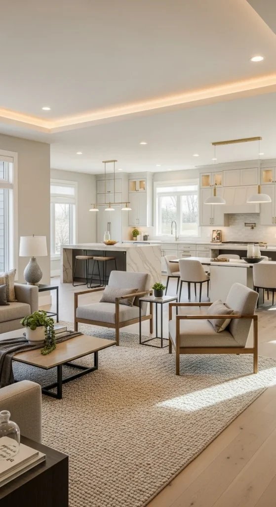Top 7 Ideas for Living Room Interior Design Open-concept living room merging with kitchen and dining space