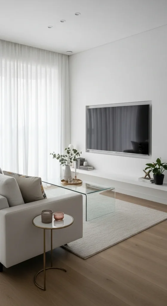Open-layout small living room with wall-mounted big screen