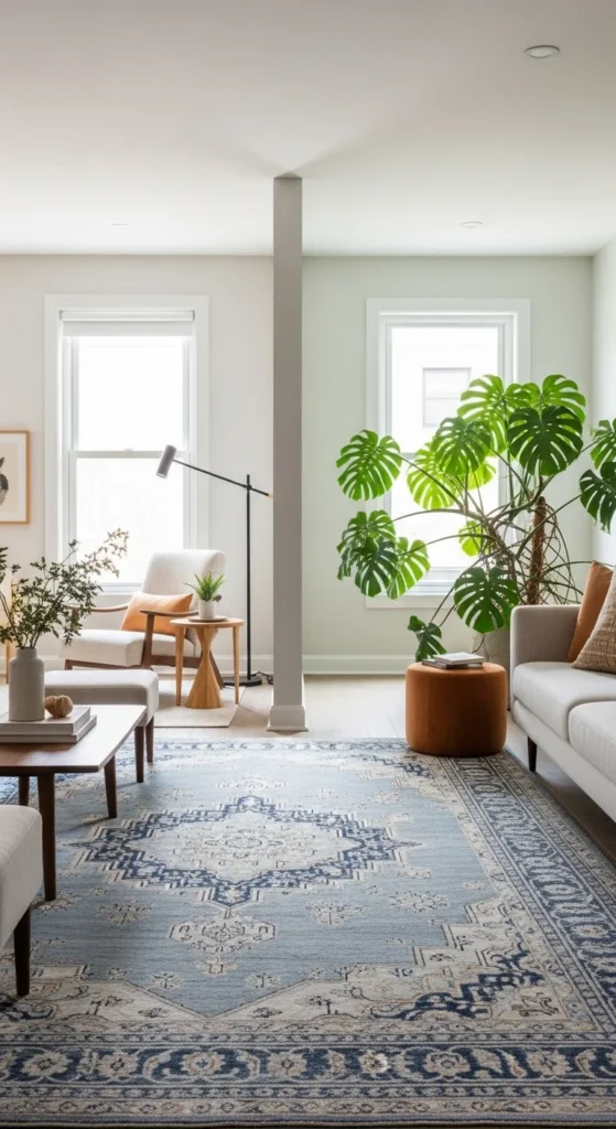 Open minimalist living room with distinct functional zones