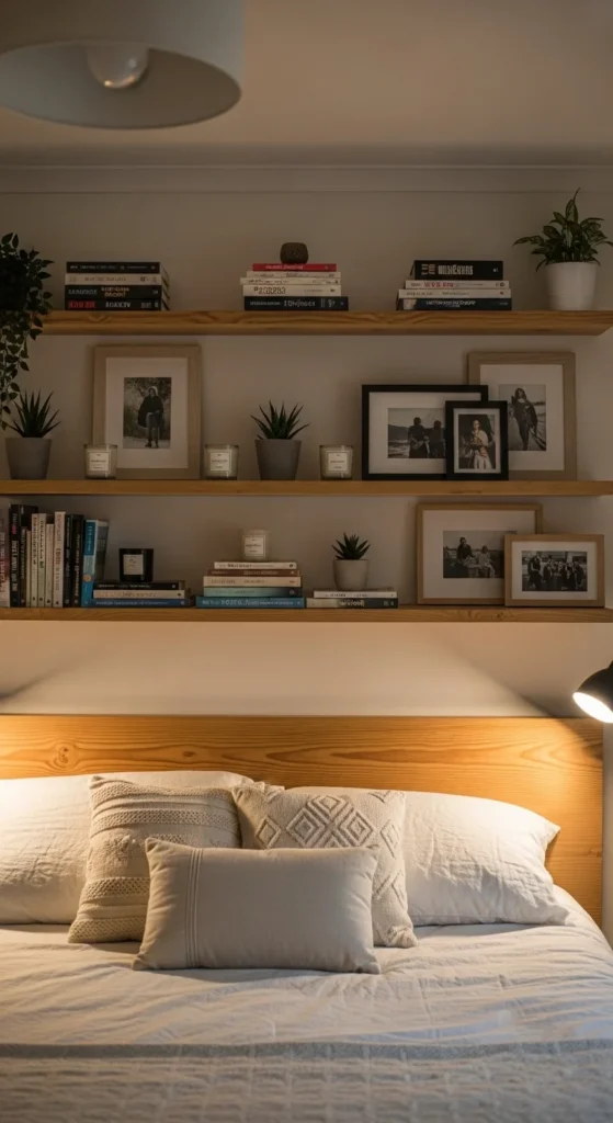 8 Bedroom Wall Decor Ideas To Liven Up Your Boring Walls Open shelves with books and decor on bedroom wall