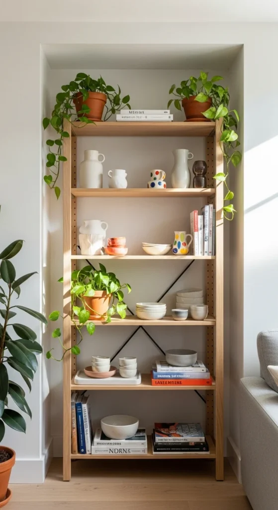 8 Best Living Room Shelving Ideas Open shelving unit displaying decor in a modern living room