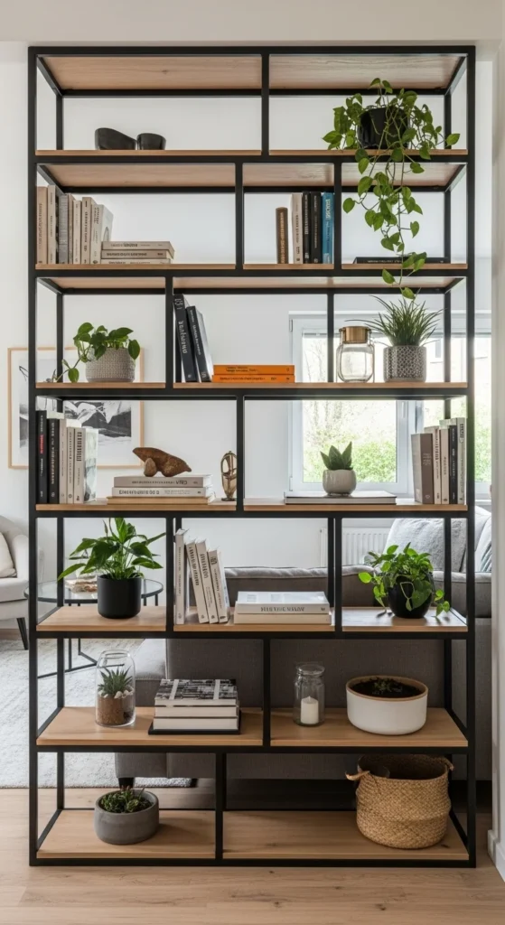 7 Stylish Living Room Partition Ideas You’ll Love Open shelving unit dividing a cozy modern living room