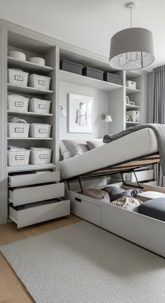 7 Bedroom Makeovers For The Room Of Your Dreams Organized bedroom with smart built-in and under-bed storage