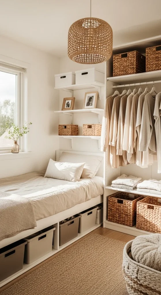 8 Stylish Small Bedroom Ideas Organized small bedroom with open shelves and storage bins