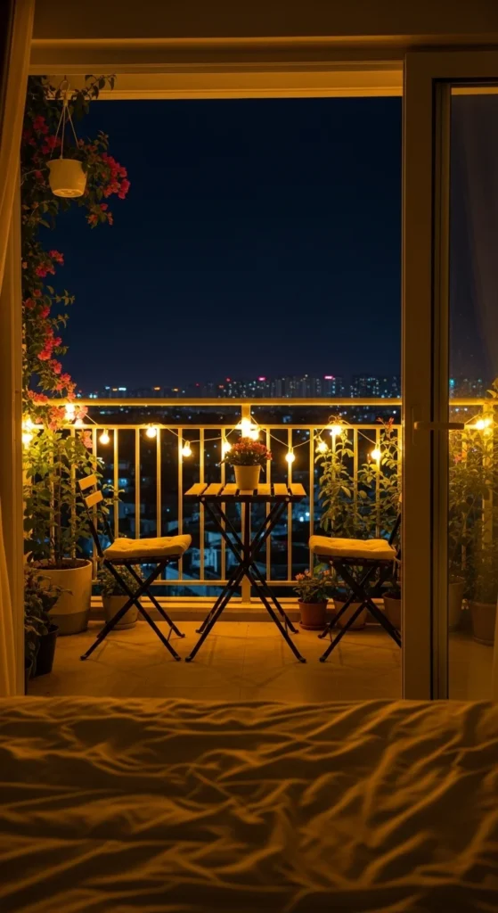 7 Relaxing Bedroom Lighting Ideas You’ll Love Outdoor balcony with string lights creating a serene retreat
