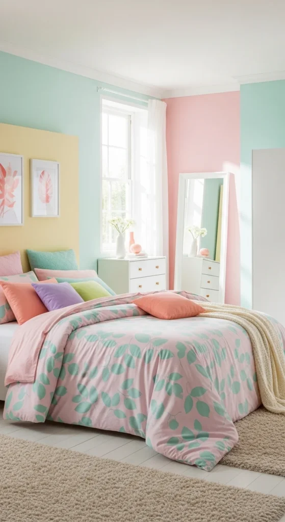 Pastel bedroom with fun, uplifting color palette