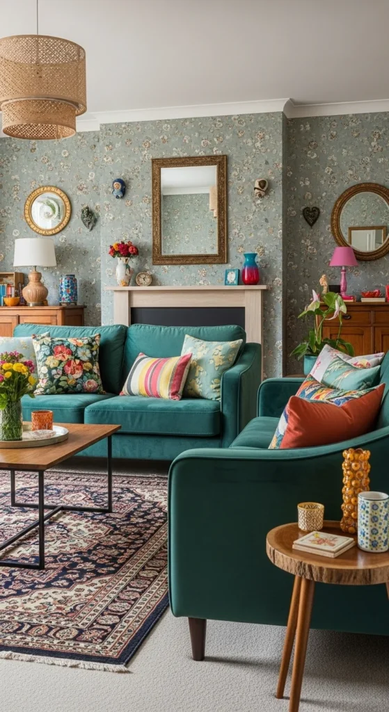 5 Stylish Green Sofa Living Room Ideas Pattern-rich living room with a green sofa and eclectic decor