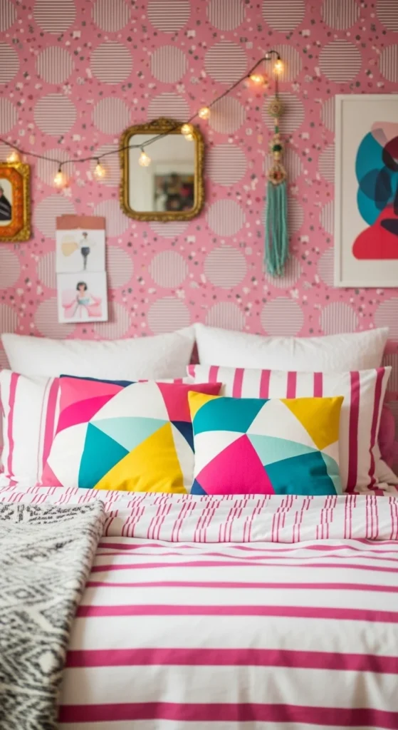 7 Pink Bedroom Ideas That Go Beyond Stereotypes Patterned pink bedroom with playful and modern style