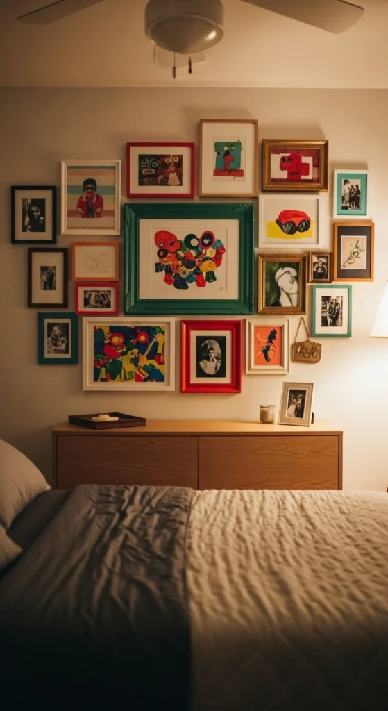 Personalized bedroom with framed photo collage