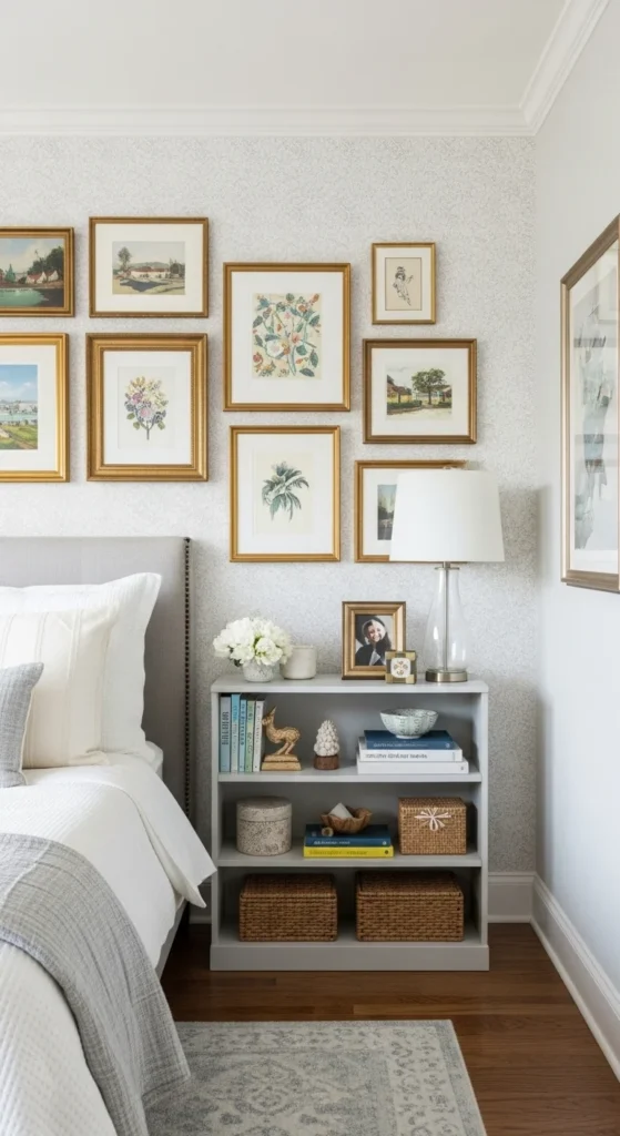 Personalized master bedroom with art, books, and accent wall