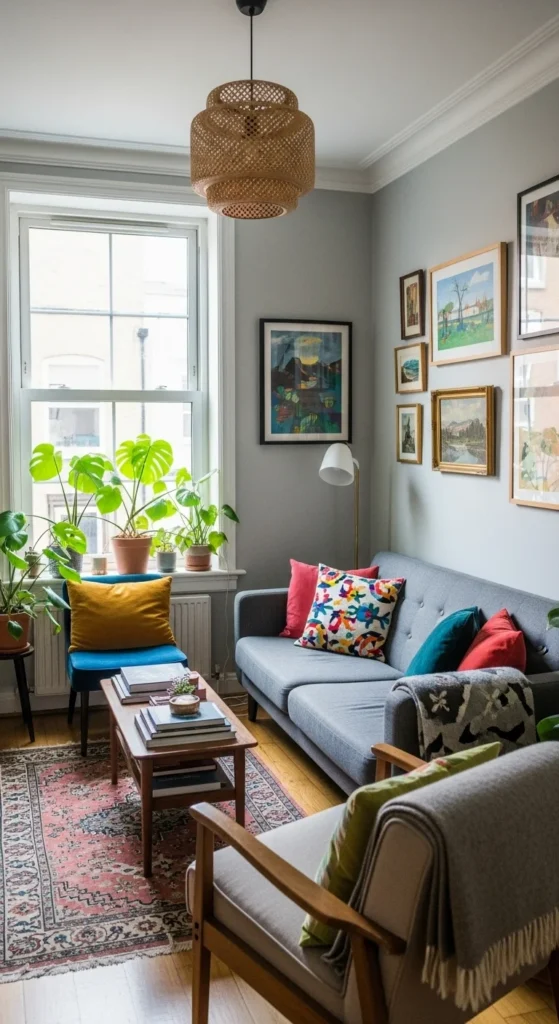 8 Small Apartment Living Room Ideas Personalized small living room with art, pillows, and houseplants