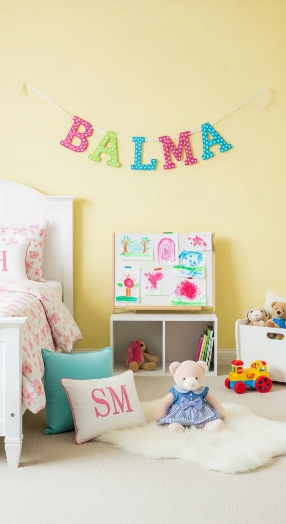 10 Toddler Girl Bedroom Ideas On A Budget To Love Personalized toddler room with name banner and custom pillows