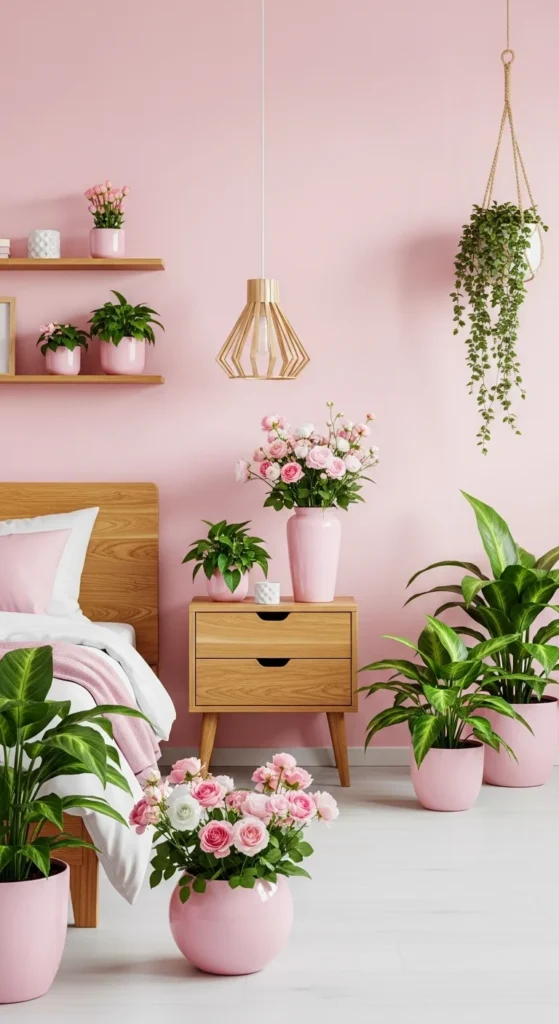 7 Pink Bedroom Ideas That Go Beyond Stereotypes Pink bedroom with indoor plants for a natural balance