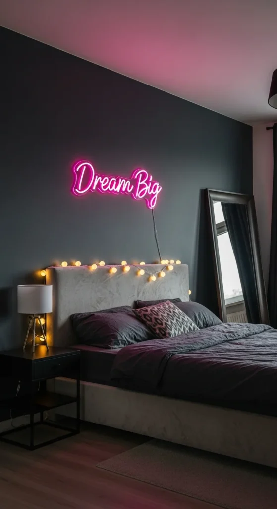 8 Bedroom Wall Decor Ideas To Liven Up Your Boring Walls Pink neon “Dream Big” sign glowing above the bed