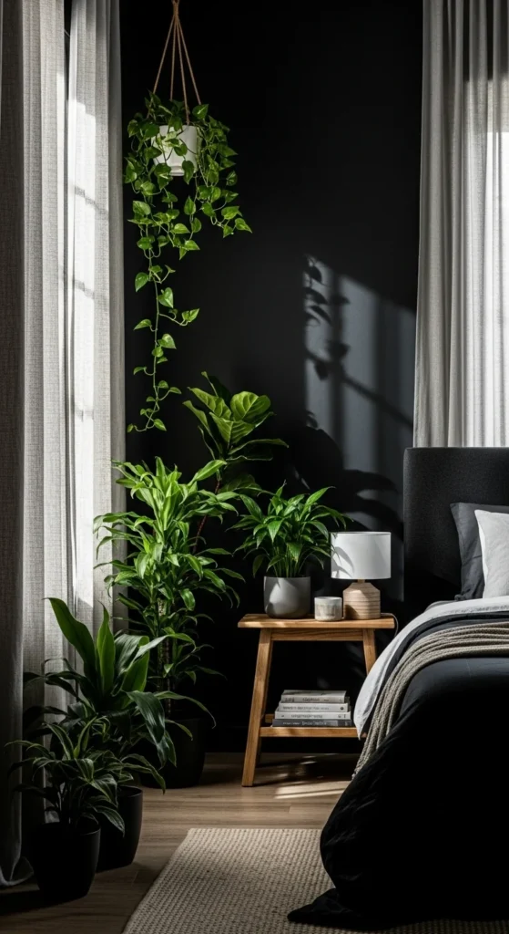 7 Black Bedroom Ideas For a Stunning Space Plants and wood decor in a black bedroom for natural touch