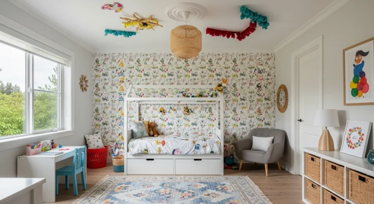 Playful kids’ bedroom with colorful wallpaper and cozy decor