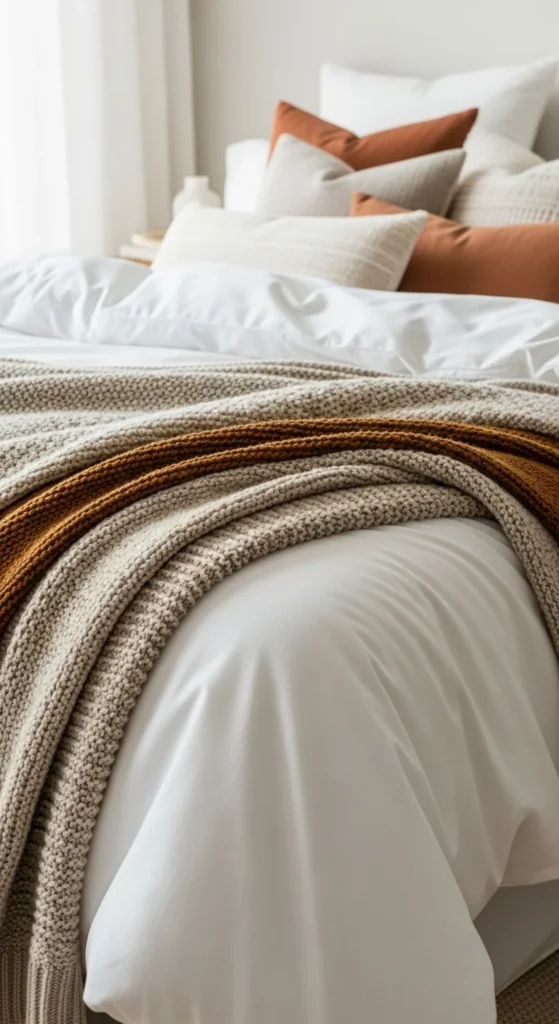 7 Warm Bedroom Ideas for a Cozy, Inviting Space Plush bedding with layered pillows and knit throws