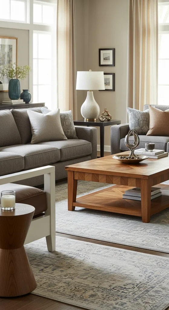 6 Essential Transitional Living Room Design Elements Plush sofa and traditional-modern furniture in a cozy living room