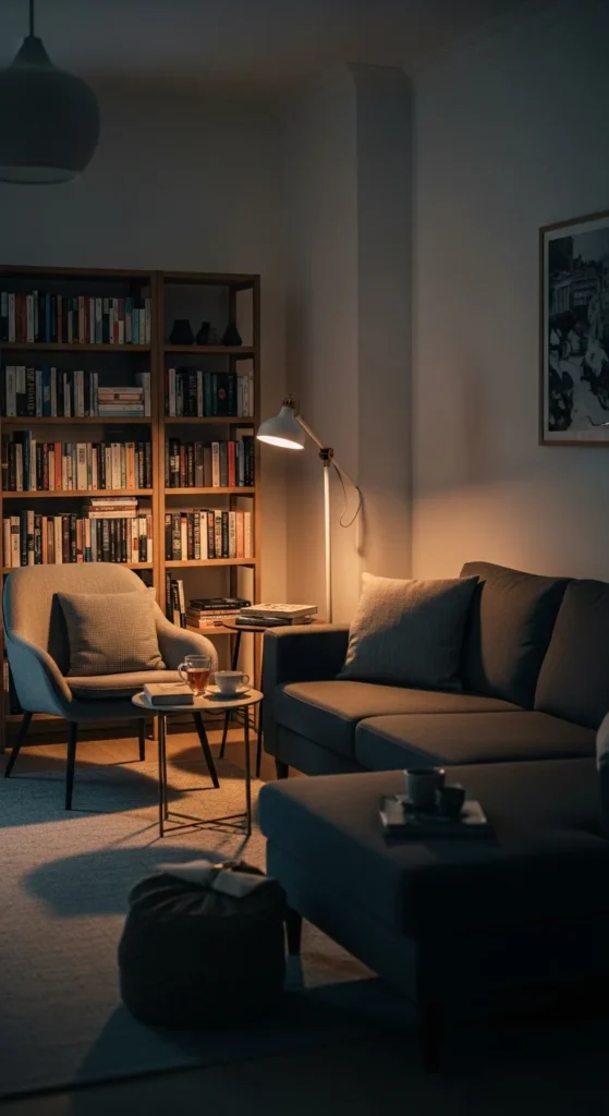 10 Dark Grey Couch Living Room Ideas You’ll Love Reading nook beside grey couch with chair and bookshelf