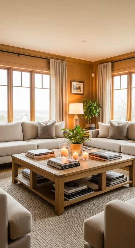 6 Living Room Table Ideas to Elevate Comfort & Functionality Rectangular wooden coffee table as centerpiece in cozy living room