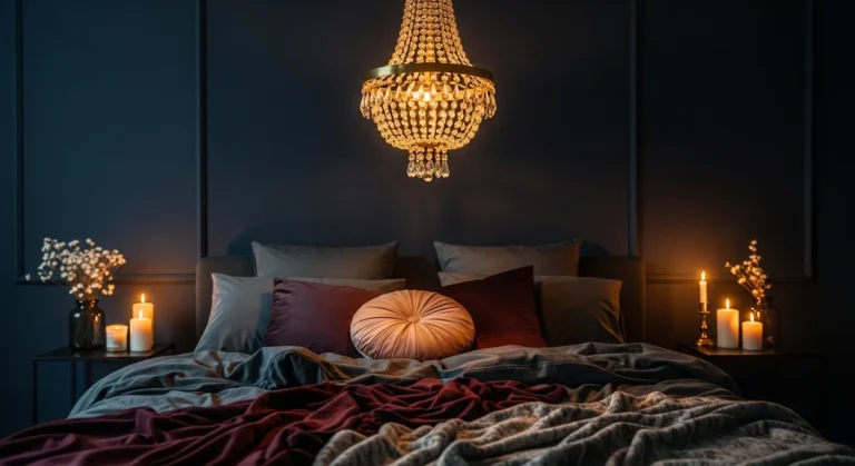 Romantic dark bedroom with soft lighting and deep tones