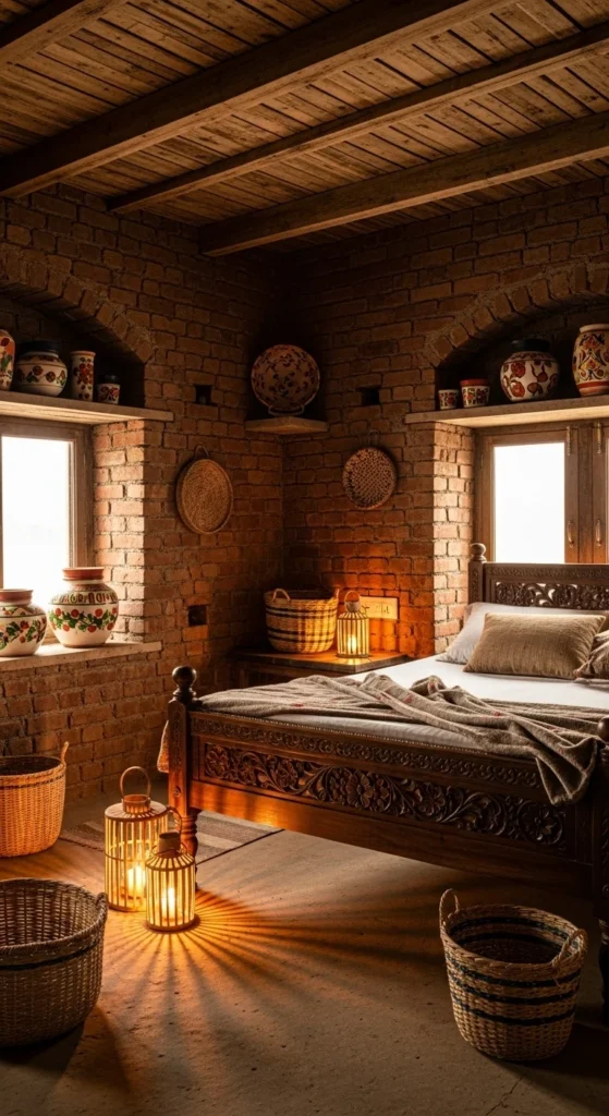 8 Indian Themed Bedroom Interior Designs Rustic Indian bedroom with brick wall and handcrafted furniture