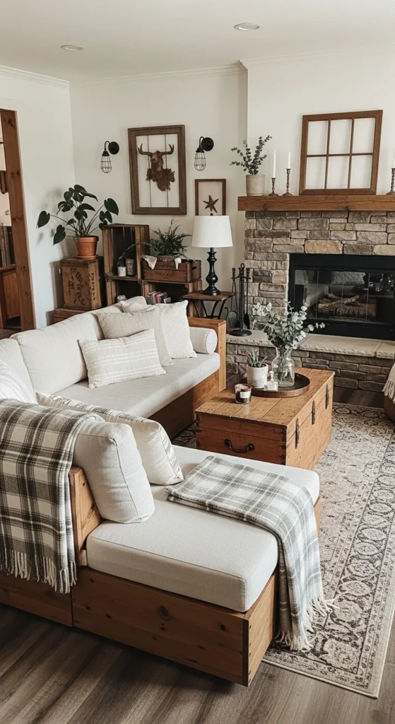 7 L-Shaped Sofa Living Room Designs Rustic L-shaped sofa with wooden frame in a farmhouse-style living room