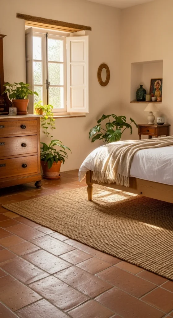 7 Cozy Terra Cotta Bedroom Ideas for a Warm Vibe Rustic bedroom with terra cotta tiled floor and wood furniture