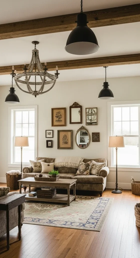 7 Modern Farmhouse Living Rooms to Inspire You Rustic chandelier and pendant lighting in farmhouse living room